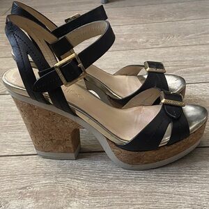 Jimmy Choo Black Leather Cork Platform Sandals with Gold Hardware